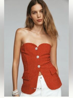NWT Maeve Anthropologie Strapless Red Sweetheart Tweed Top with Jewel Buttons